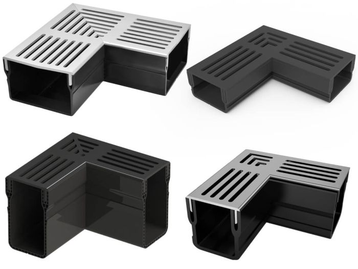 Pièces d'angle à 90° pour caniveau design avec grille en aluminium.