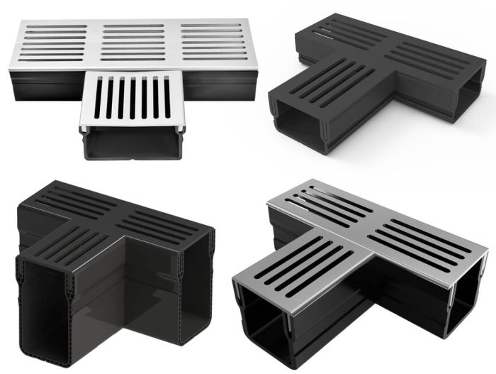 Pièces en T pour caniveau design avec grille en aluminium.