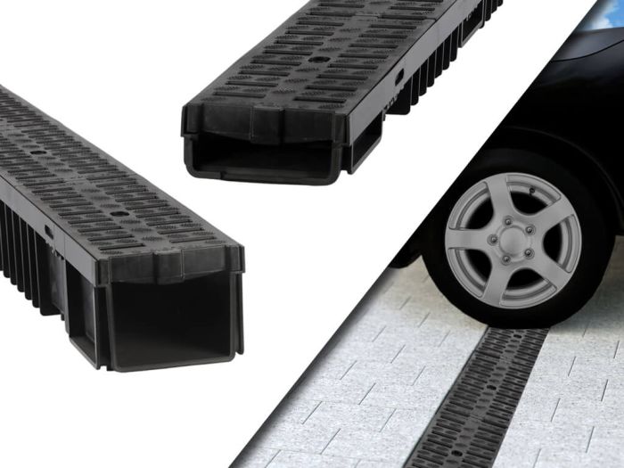 Ce caniveau avec grille en plastique noir (classe B125) est fabriqué en polypropylène (PP) de haute qualité, ce qui le rend adapté aux voitures (maximum 2000 kg ; à faible vitesse).